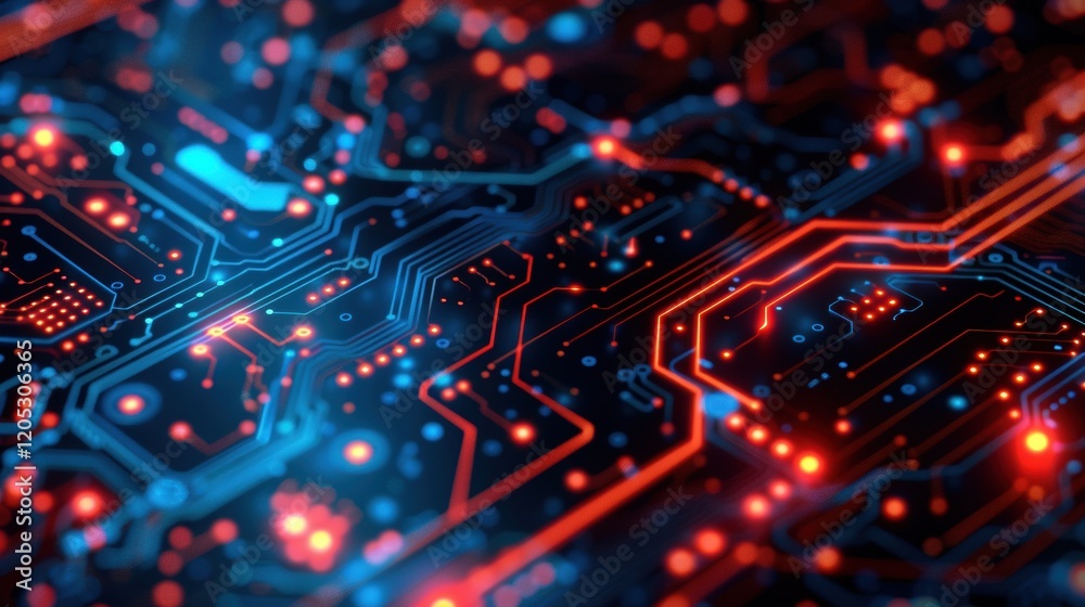 Close up of a circuit board with blue and red lights Close up of a circuit board with blue and red lights