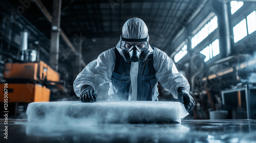 An industrial worker in full protective gear, including a respirator and goggles, carefully handling asbestos sheets in a dimly lit factory surrounded by heavy machinery and swirli photo