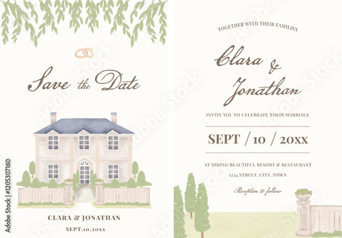 Wedding invitation card template mansion venue house watercolor landscape