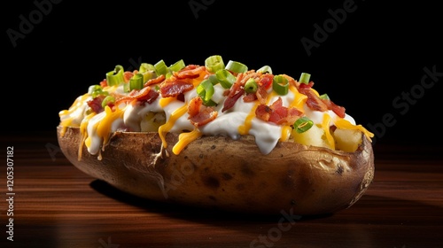 A photo of a loaded baked potato with toppings.