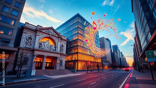 A Vibrant Cityscape at Dusk with a Majestic Music Studio


