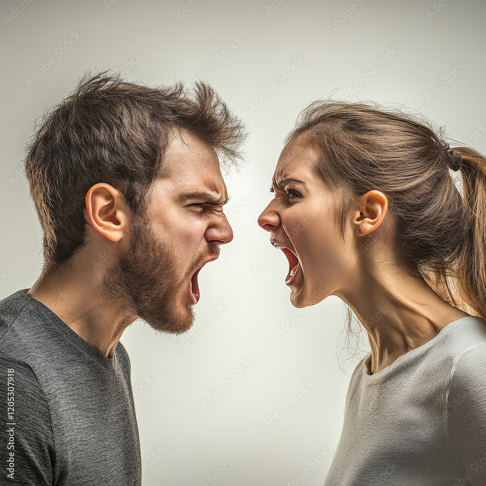 man and a woman facing each other, yelling with intense expressions, symbolizing an argument or conflict. Their emotions are raw and vividly captured against a neutral background man and a woman facing each other, yelling with intense expressions, symbolizing an argument or conflict. Their emotions are raw and vividly captured against a neutral background