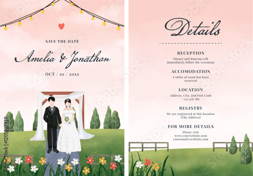 Wedding invitation couple marriage bride and broom in the flower field nature botanical background