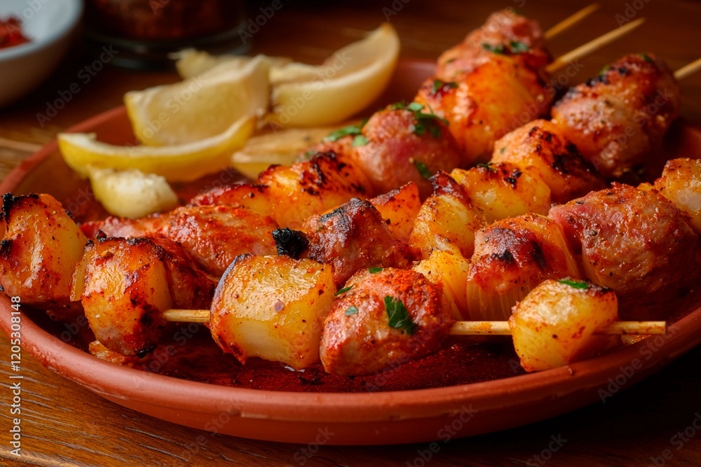 Juicy grilled meat skewers served with fresh lemon slices and savory spices