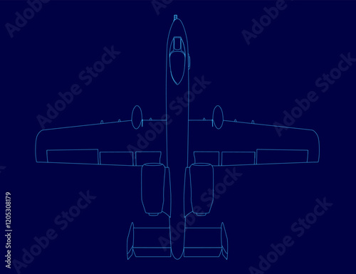 Blue airplane is shown in a blue drawing. The airplane is a jetliner and is shown in a very detailed manner. The drawing is of a very high quality and is very realistic