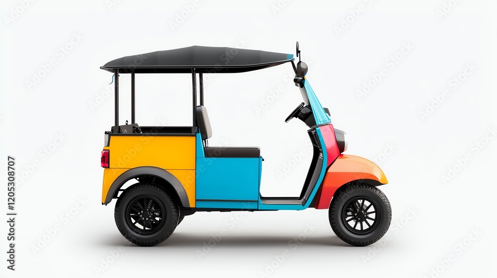 Colorful electric tuk-tuk against white background, showcasing modern design and eco-friendly urban transportation. Colorful electric tuk-tuk against white background, showcasing modern design and eco-friendly urban transportation.