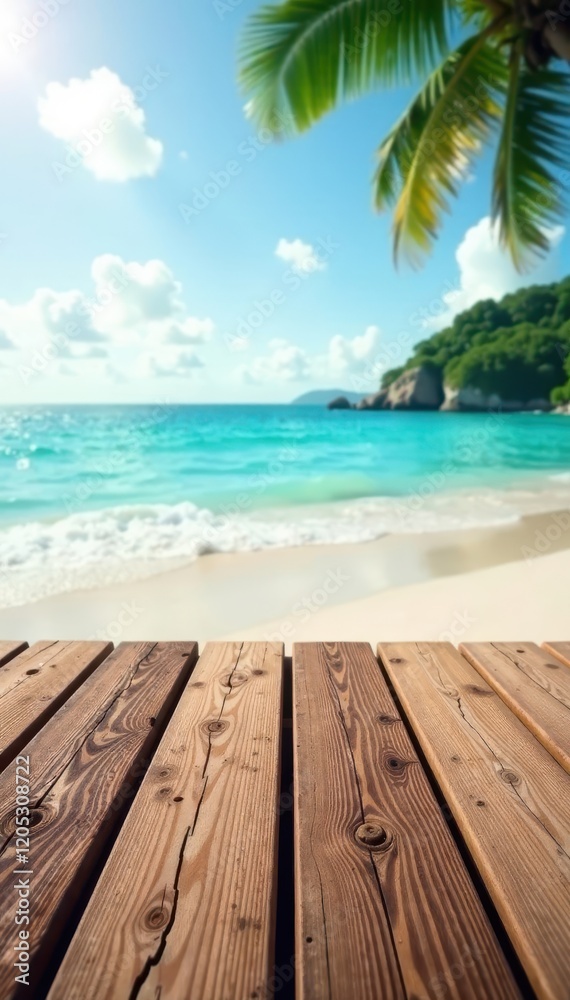 Fototapeta premium A set of empty wooden planks with a blurred beach scene and sea on the background, nature, blur effect, landscape
