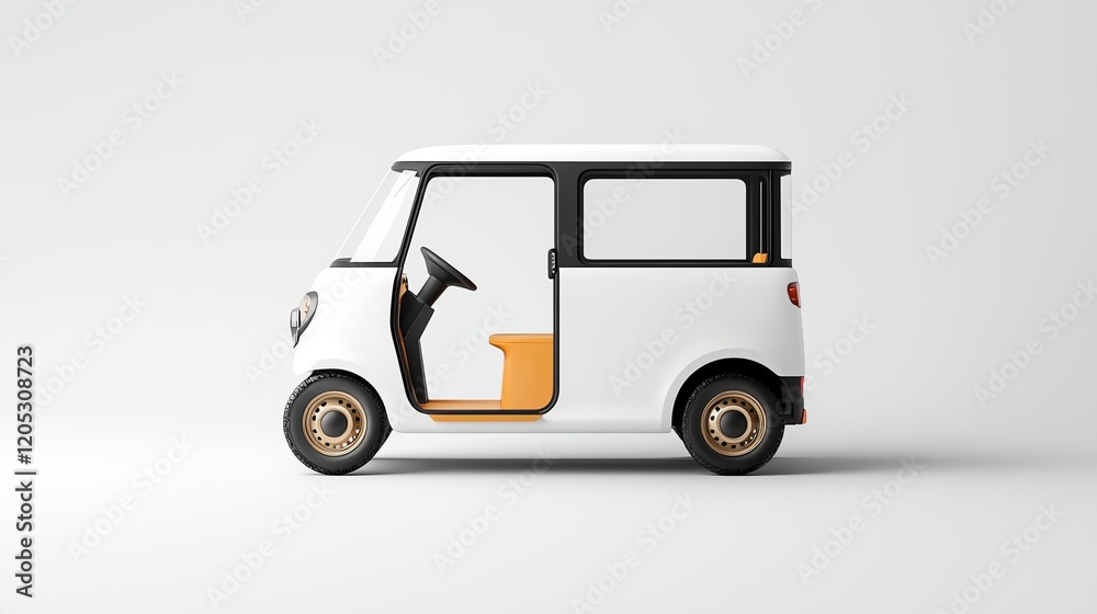 Stylish white and orange mini electric vehicle with open door on a plain background, symbolizing modern eco-friendly transport. Stylish white and orange mini electric vehicle with open door on a plain background, symbolizing modern eco-friendly transport.