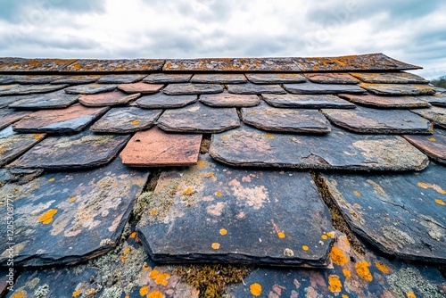 Roof covered with weathered slate tiles reflecting the passage of time in a cloudy sky photo