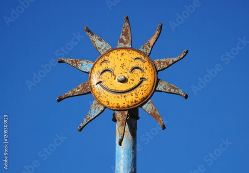 A sun with a smiling face is on a pole