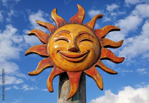 A sun with a smiling face is on a pole