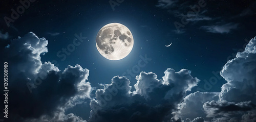 A bright full moon shining through clouds in the dark night sky with stars and a hint of lunar magic