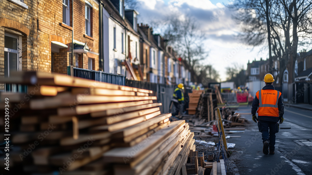 Fototapeta premium A construction site bustling with activity as workers install wooden panels on terraced houses, with stacks of wood and metal frames nearby