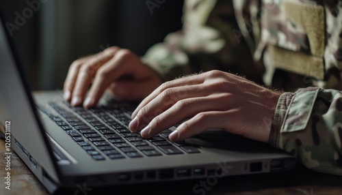 Close up of soldier s hands typing on laptop, capturing the essence of military technology use photo