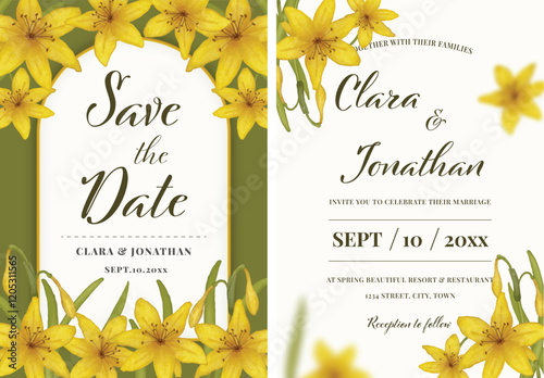 Wedding invitation save the date yellow flowers watercolor floral botanicals nature plants