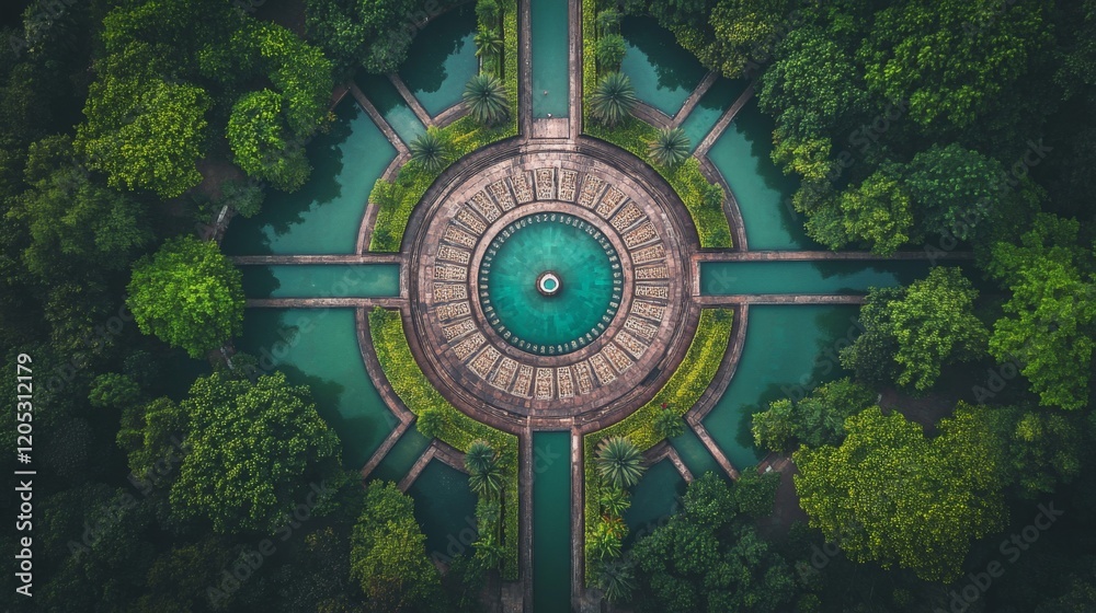 Aerial View of Circular Water Feature Surrounded by Lush Greenery Aerial View of Circular Water Feature Surrounded by Lush Greenery