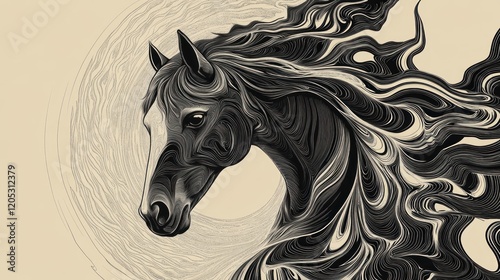 Elegant horse illustration with flowing mane in black lines on cream background