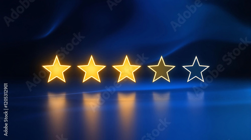Four gold stars out of five against a dark blue background, with reflections. Ideal for review, rating, feedback, quality assessment, or customer satisfaction concepts.