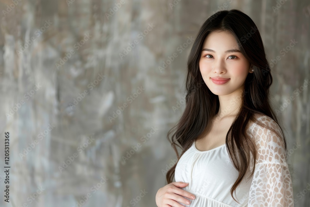 Obraz premium Woman is posing for a picture in a white dress