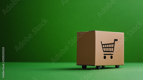 A cardboard box with a minimalist shopping cart graphic on the side, resting on a plain green surface, symbolizing eco-friendly dropshipping practices photo