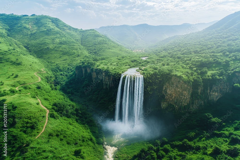 Fototapeta premium Stunning natural landscape with a majestic waterfall, lush green hills, and serene river scene