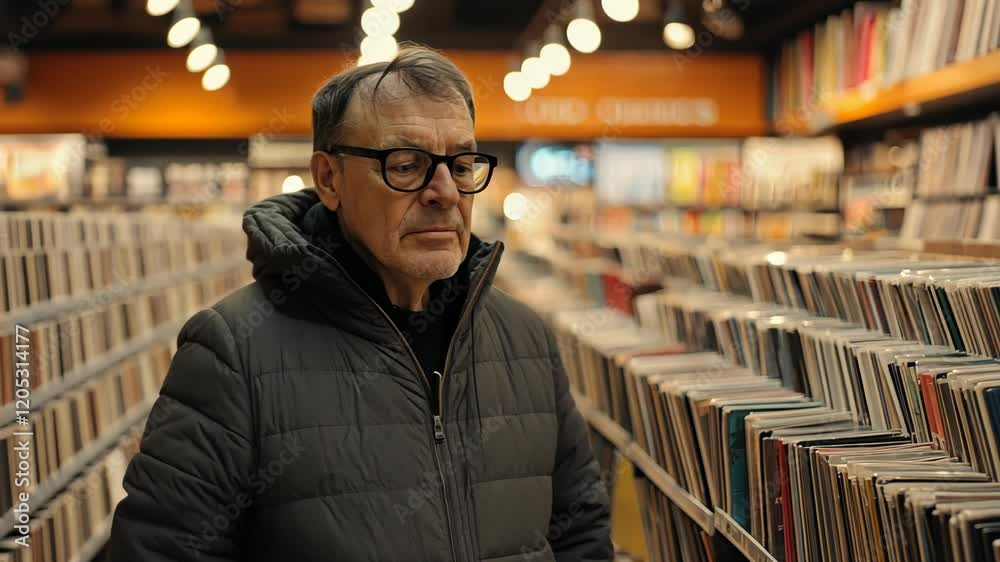 Man browsing music albums in a cozy record store filled with shelves of vinyl and CDs during evening hours
