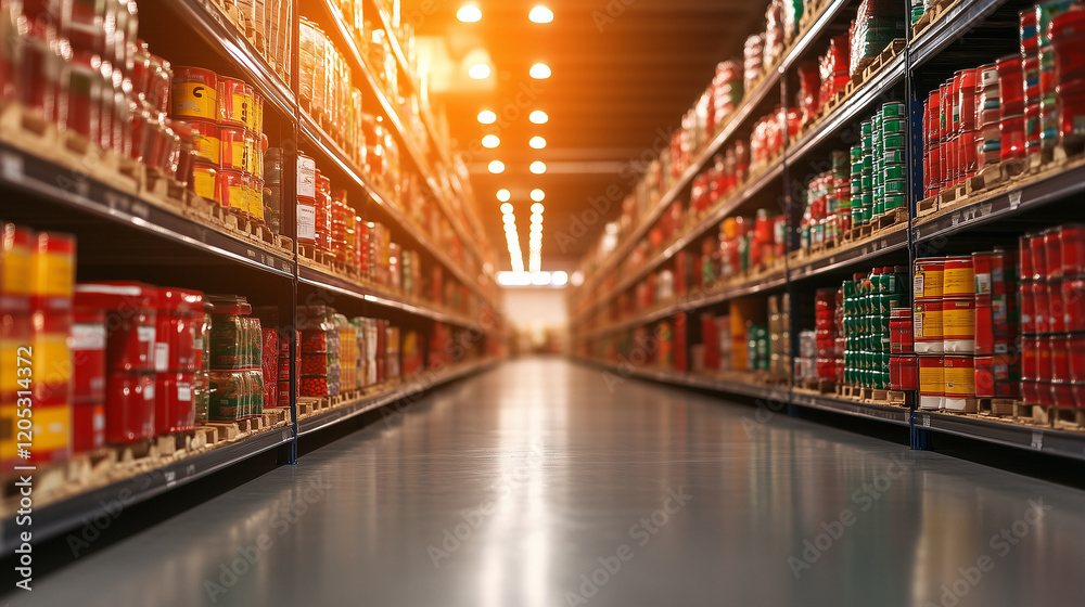 Rows of neatly stacked canned goods on industrial shelves in a large, brightly lit warehouse, symbolizing organized emergency food stock for aid distribution Rows of neatly stacked canned goods on industrial shelves in a large, brightly lit warehouse, symbolizing organized emergency food stock for aid distribution