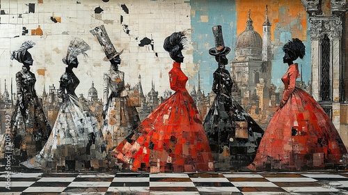 Abstract painting of women in long dresses.