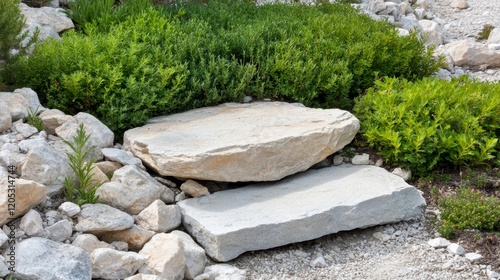 Top-down perspective of a rocky clearing, featuring a flat stone surrounded by scattered bushes and stones, evoking a calm and serene atmosphere.  photo