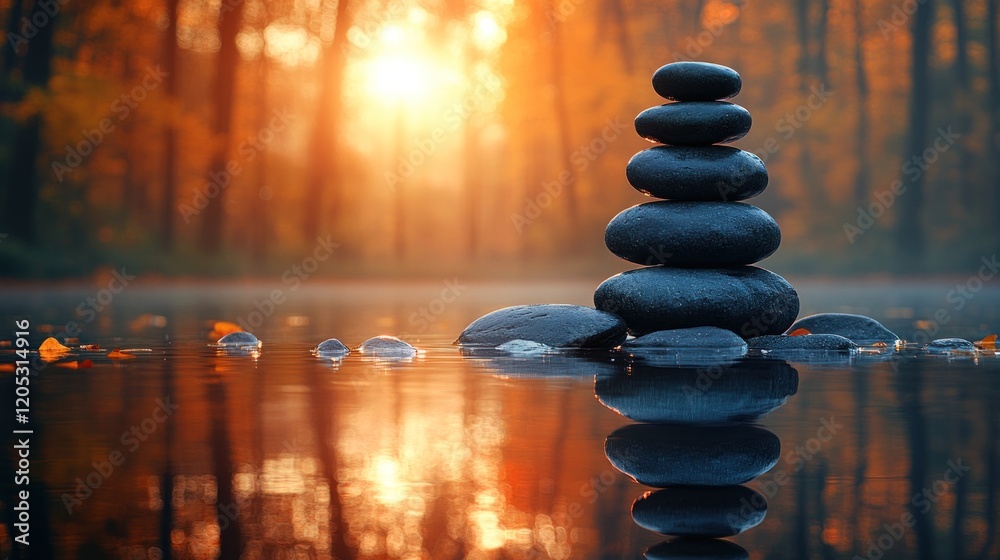 Obraz premium Autumn sunset, zen stones, calm lake, forest backdrop, meditation