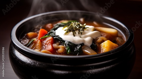 Steaming Bowl of Hearty Vegetable Stew with Creamy Topping photo