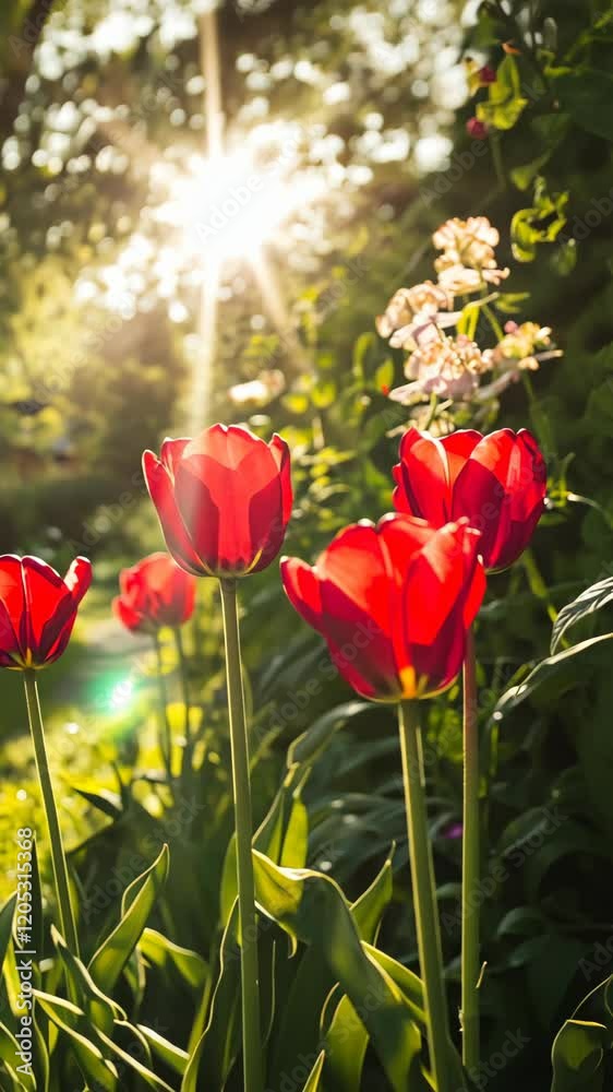 Vibrant red tulips basking in sunlight against a lush garden backdrop during a warm afternoon Vibrant red tulips basking in sunlight against a lush garden backdrop during a warm afternoon