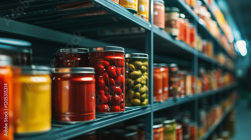 A minimalist view of canned goods on a clean metal rack, symbolizing preparedness and orderliness in emergency food storage