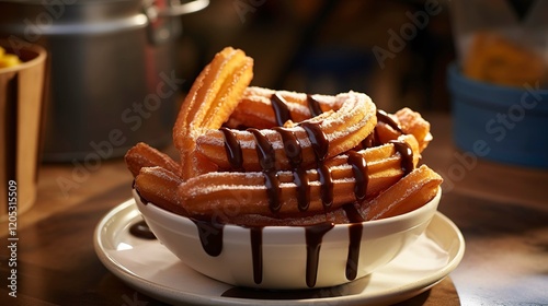 A photo of sweet churros with chocolate sauce.