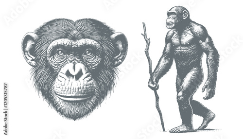 chimpanzee vector  | chimpanzee illustration | chimpanzee silhouette | chimpanzee tattoo | chimpanzee engraving | chimpanzee drawing	 photo