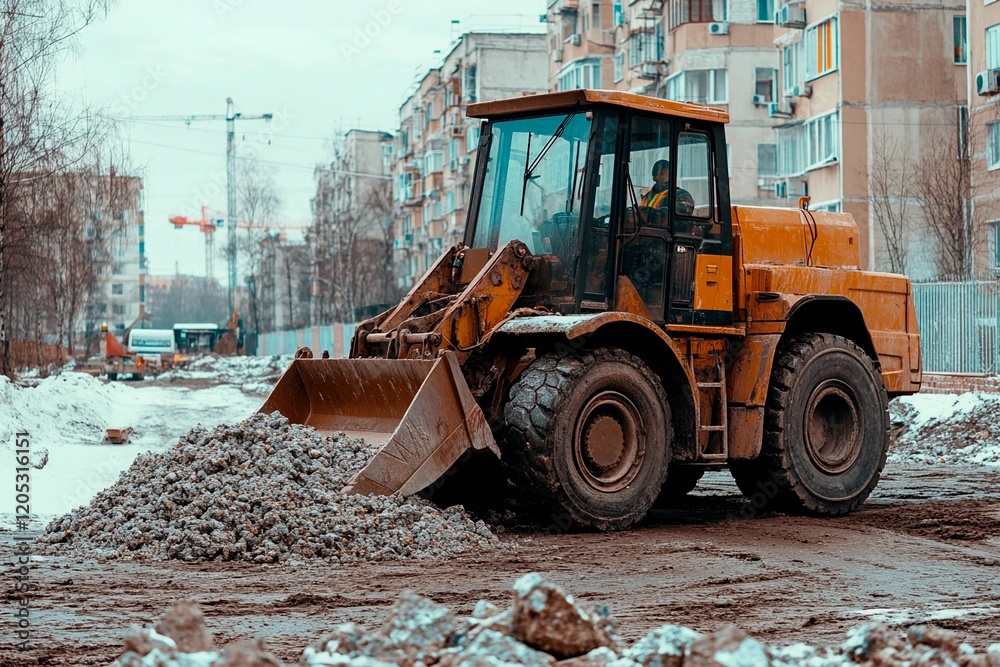 Obraz premium Heavy machinery clears snow debris on a winter construction site in a city landscape