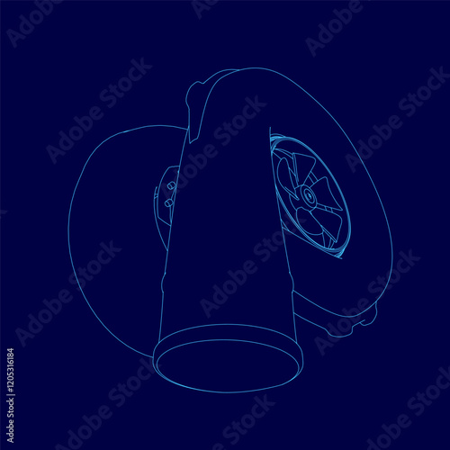 Blue drawing of a car turbo engine with a blue background. The engine is a turbo