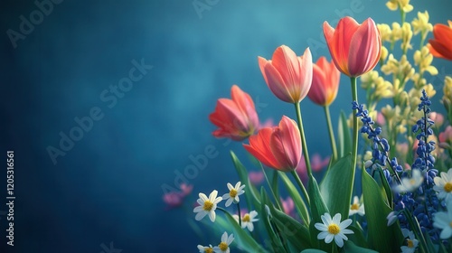 Wallpaper Mural Cluster of Spring Flowers with Tulips, Hyacinths, and Daisies on Blue Backdrop Torontodigital.ca