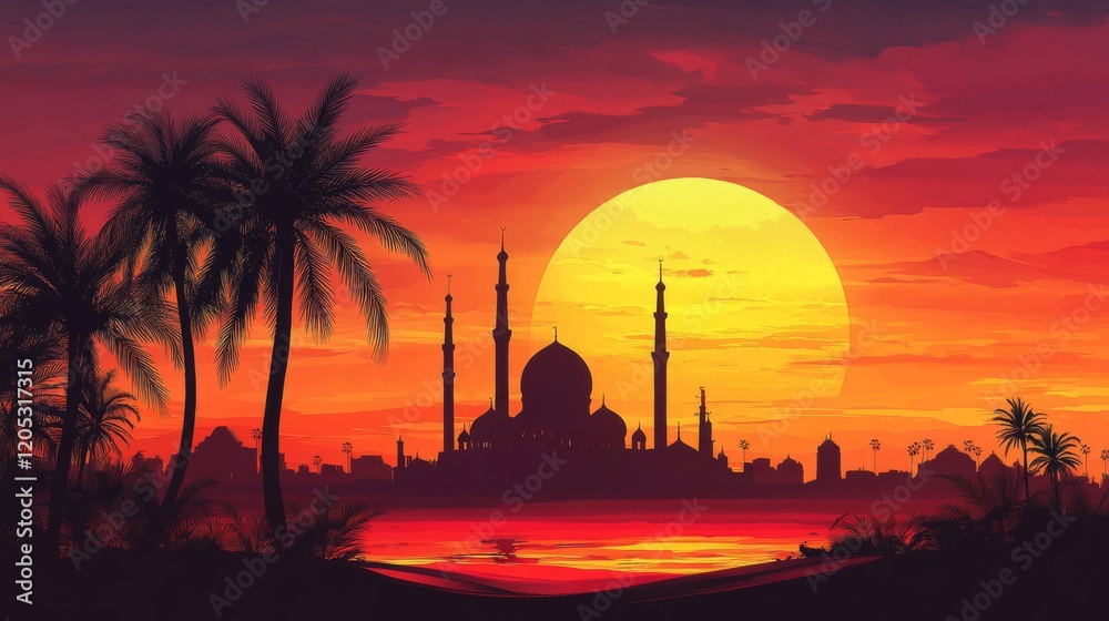 Obraz premium Majestic Mosque Silhouette at Sunset Over Palm Trees