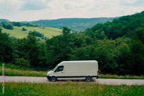 Fototapeta Naklejka Na Ścianę i Meble -  Journey through serene landscapes in a white van on a sunny day