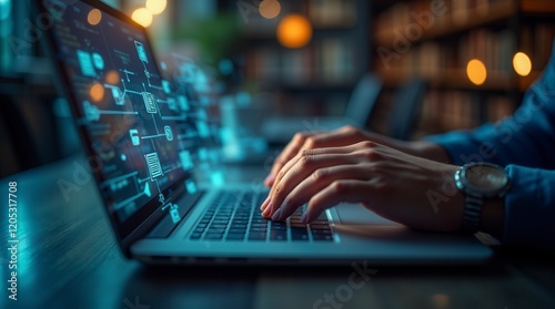 E-Library Concept. Person Use Laptop With Virtual E-Book Icons For Electronic Books Online, Knowledge Base On Internet, Digital Library Or E-Library