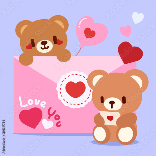 Valentine’s Day Teddy Bears with Love Letter and Balloons. Adorable Kawaii Bears with Envelope and Romantic Hearts. Cute Bear Illustration with Love Letter and Valentine’s Decorations.