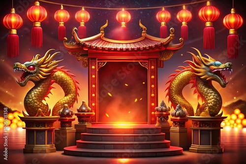 chinese dragon statue on the roof chinese new year product stand podium background pedestal 3D rendering photo