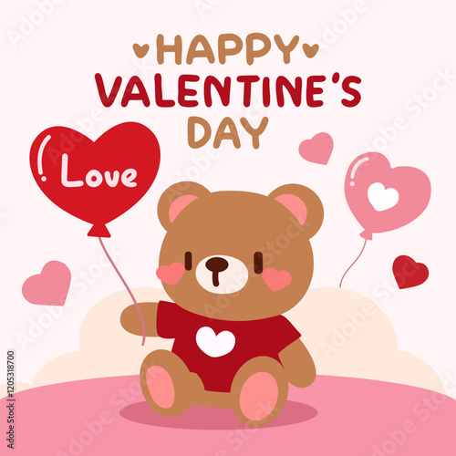 Adorable Teddy Bear with Heart Balloons for Valentine’s Day. Kawaii Valentine’s Day Bear with Heart Balloons and Romantic Theme.