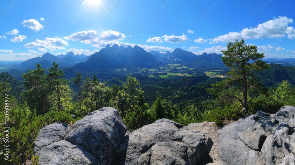 Obraz premium Stunning panoramic view of northern german mountains with sunlight and vibrant alpine scenery