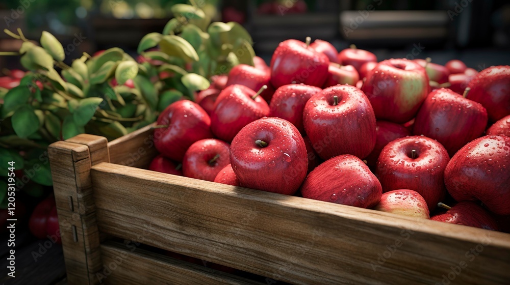 A photo of apples in a wooden crate. A photo of apples in a wooden crate.