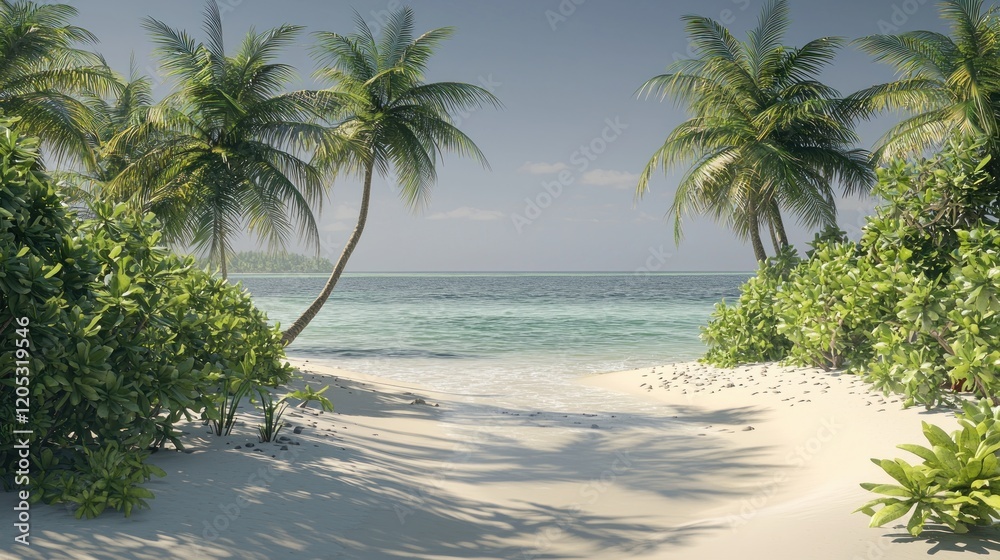Obraz premium Tropical beach paradise, palm trees, ocean view, sunny day, vacation poster