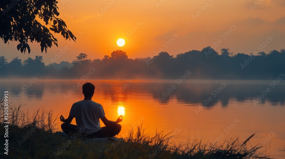 Man Meditates By Calm Lake At Sunrise Man Meditates By Calm Lake At Sunrise