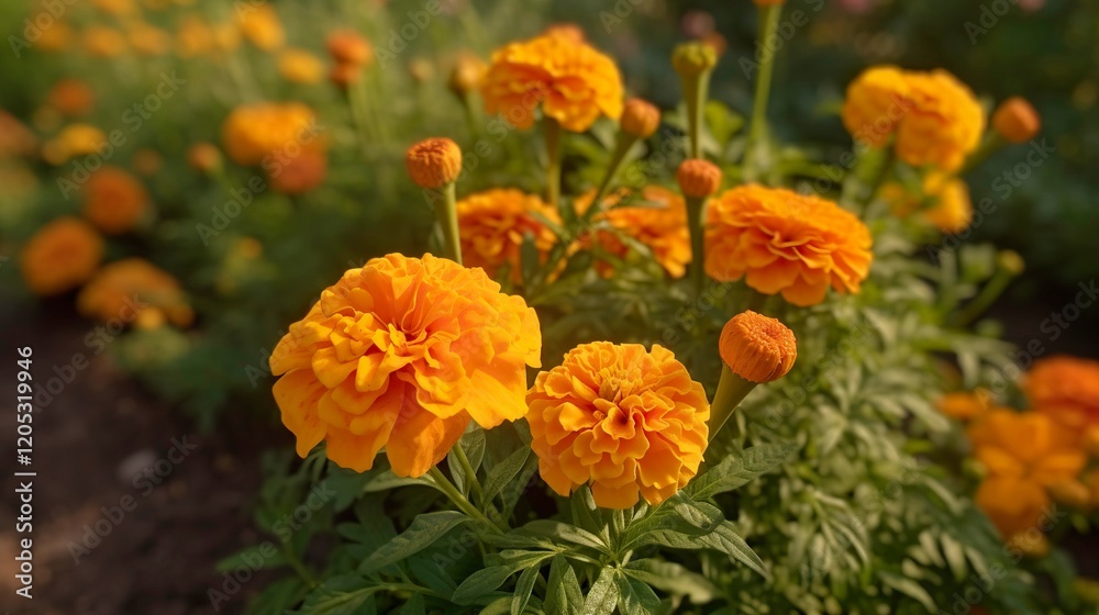 A photo of blooming marigolds in a garden. A photo of blooming marigolds in a garden.
