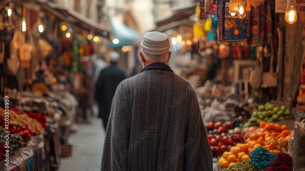 Obraz premium Man Walks Through A Vibrant Middle Eastern Market
